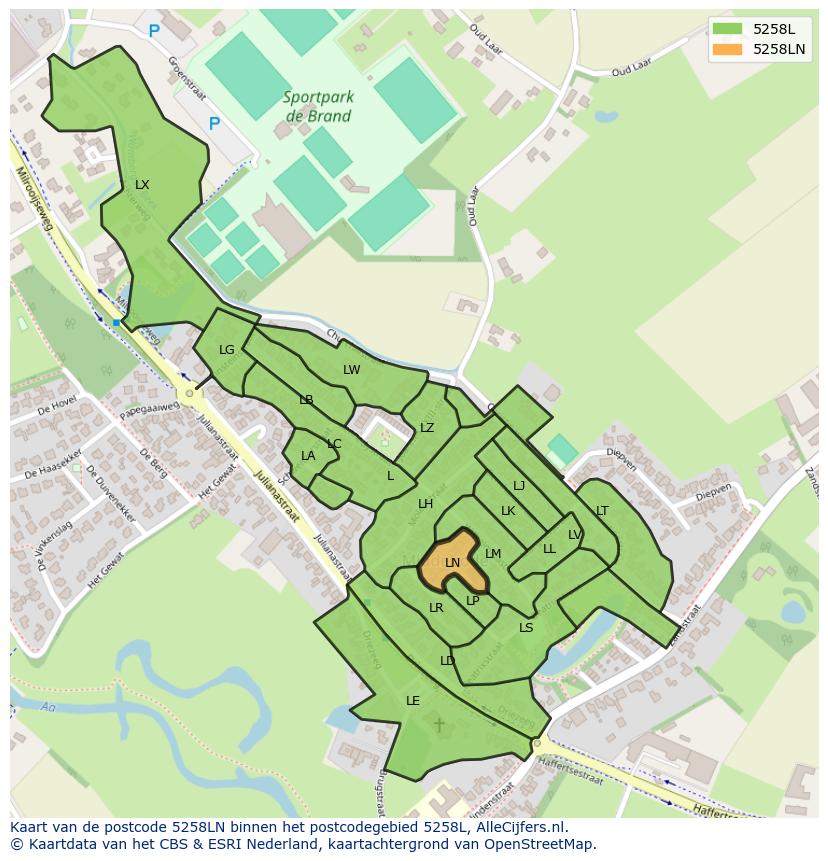 Afbeelding van het postcodegebied 5258 LN op de kaart.