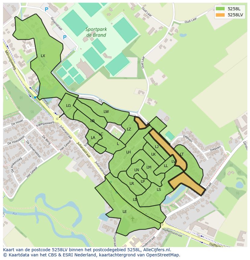 Afbeelding van het postcodegebied 5258 LV op de kaart.