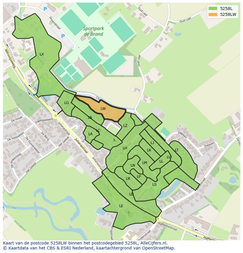 Afbeelding van het postcodegebied 5258 LW op de kaart.