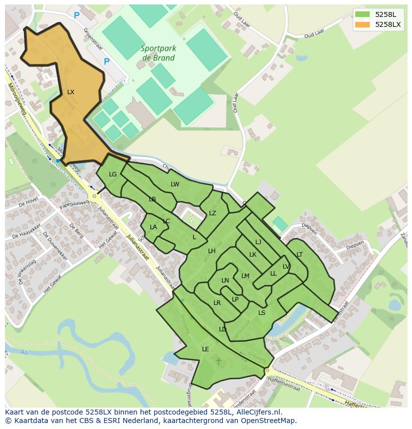Afbeelding van het postcodegebied 5258 LX op de kaart.