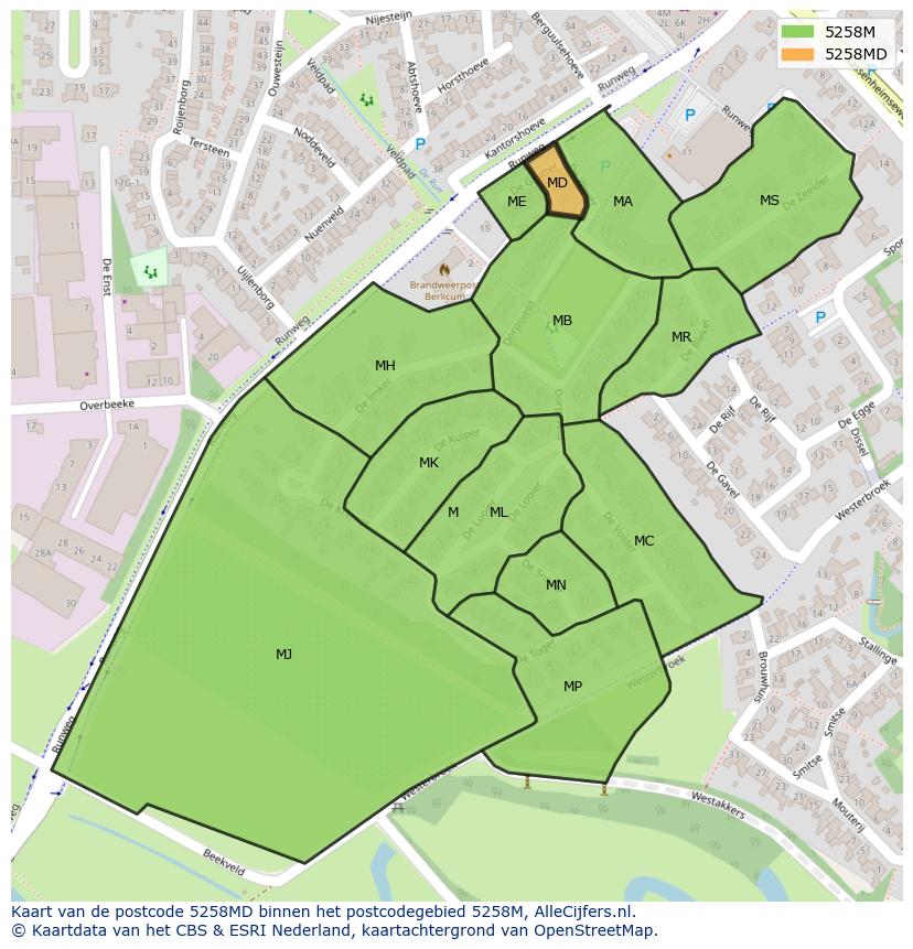 Afbeelding van het postcodegebied 5258 MD op de kaart.