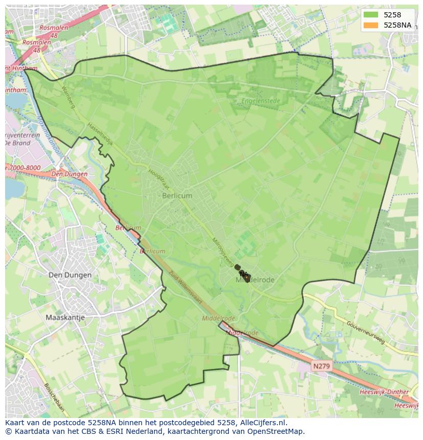 Afbeelding van het postcodegebied 5258 NA op de kaart.