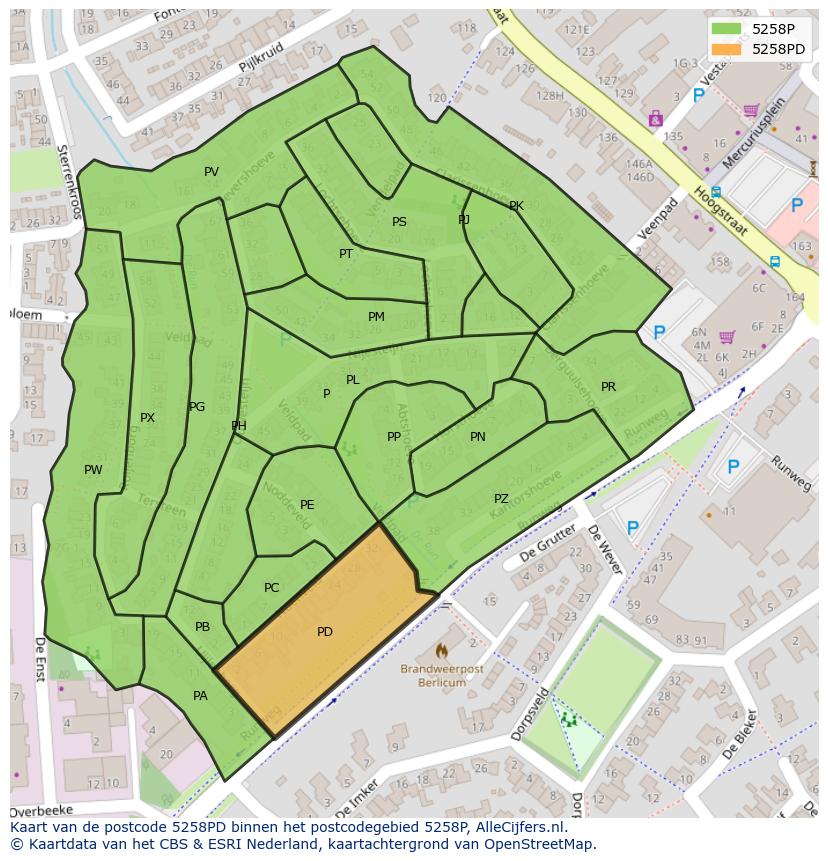 Afbeelding van het postcodegebied 5258 PD op de kaart.