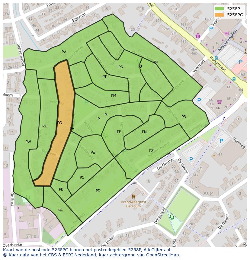 Afbeelding van het postcodegebied 5258 PG op de kaart.