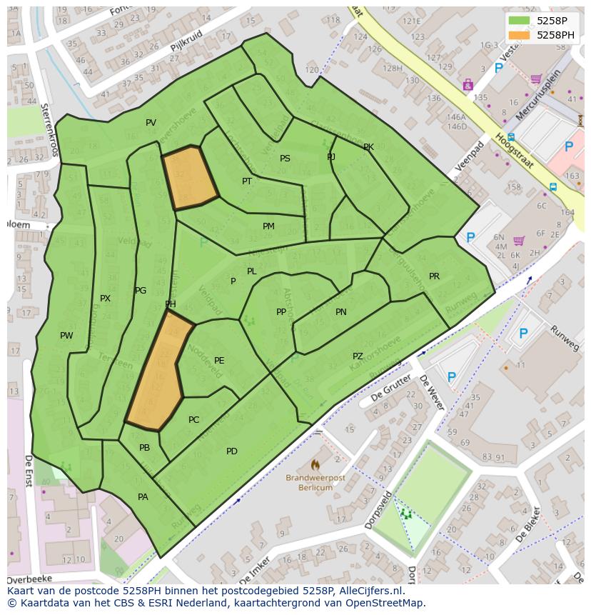 Afbeelding van het postcodegebied 5258 PH op de kaart.