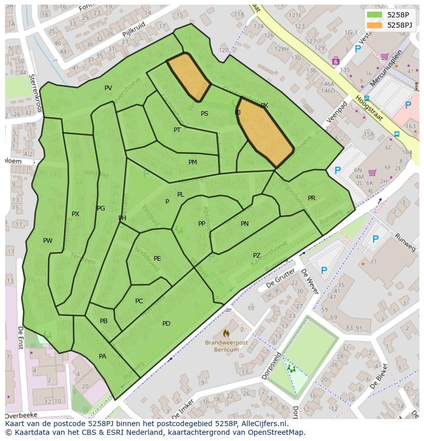 Afbeelding van het postcodegebied 5258 PJ op de kaart.