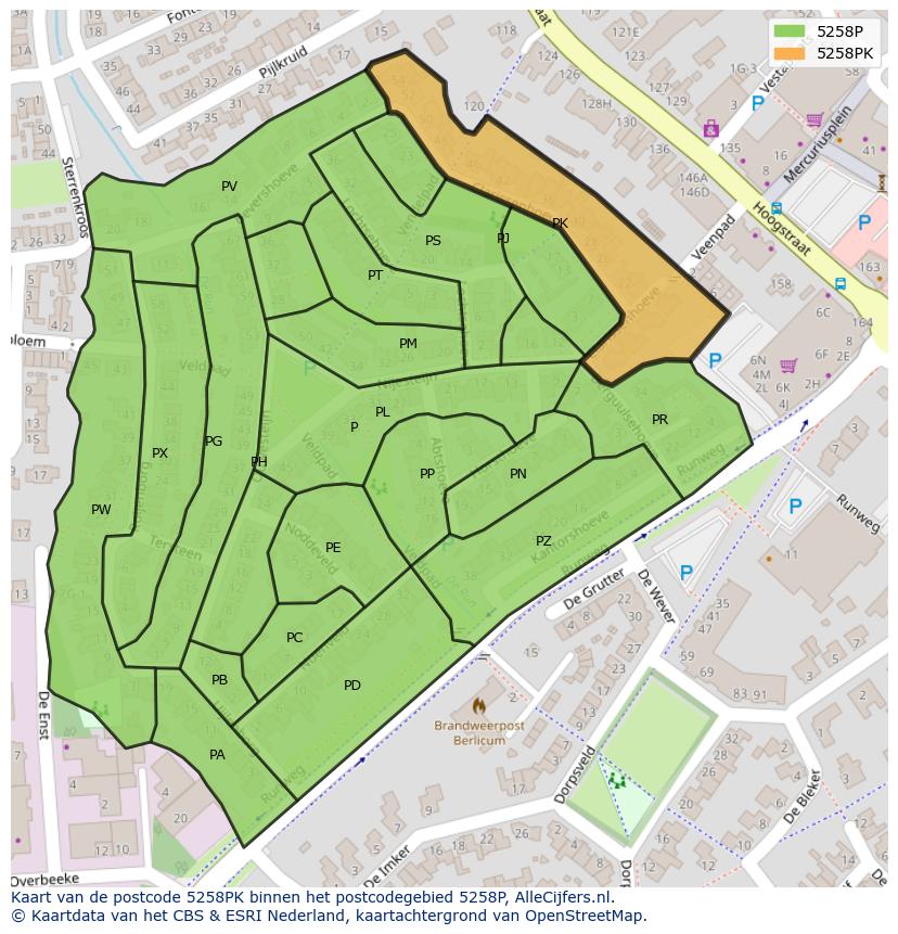 Afbeelding van het postcodegebied 5258 PK op de kaart.