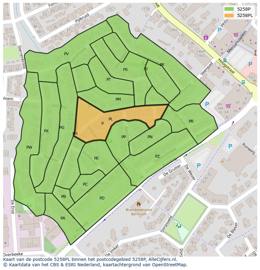 Afbeelding van het postcodegebied 5258 PL op de kaart.