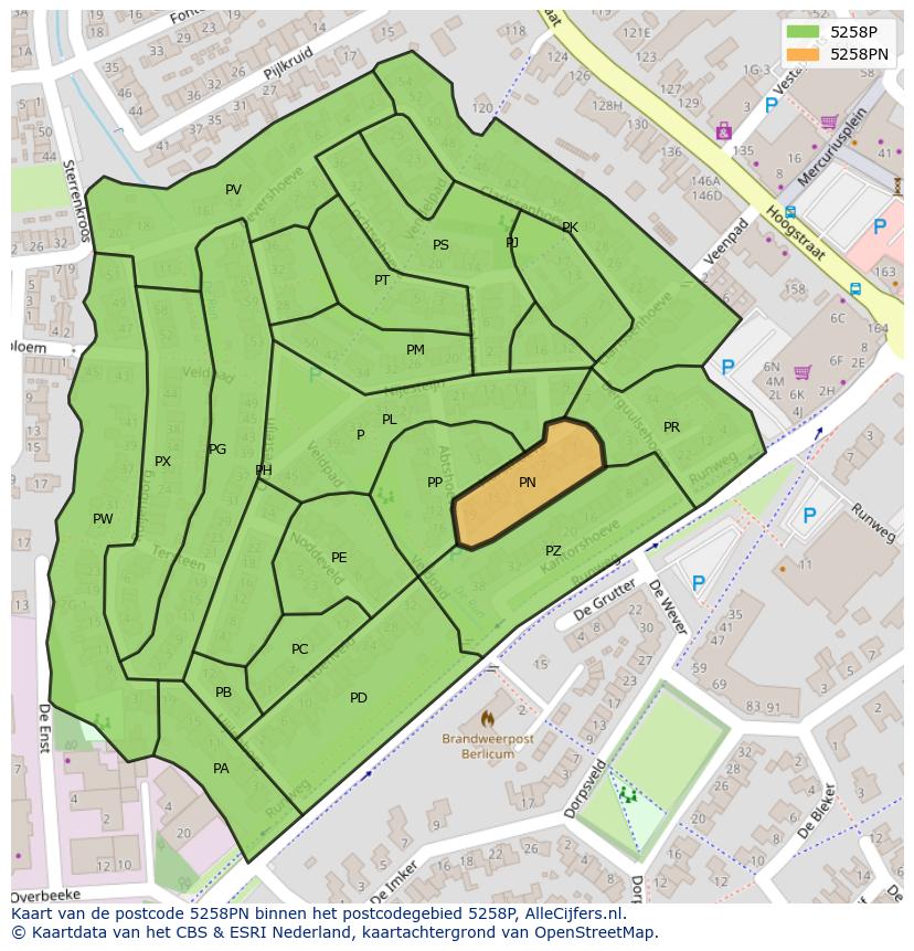 Afbeelding van het postcodegebied 5258 PN op de kaart.