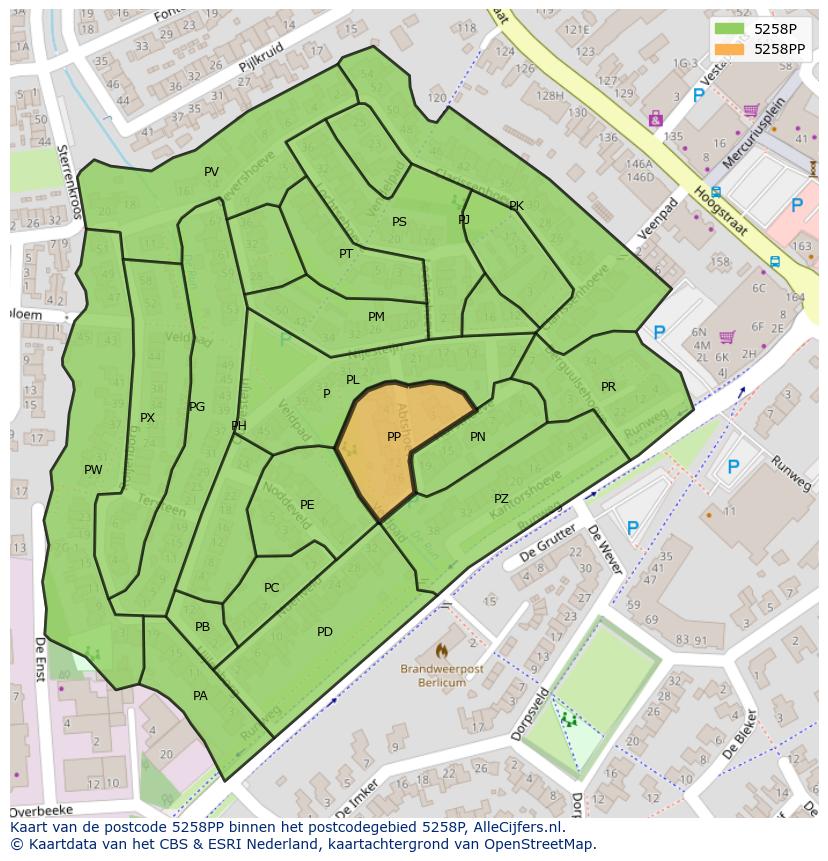 Afbeelding van het postcodegebied 5258 PP op de kaart.