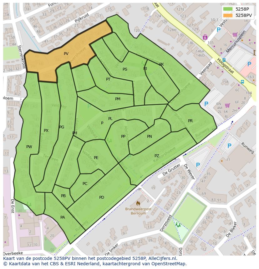 Afbeelding van het postcodegebied 5258 PV op de kaart.