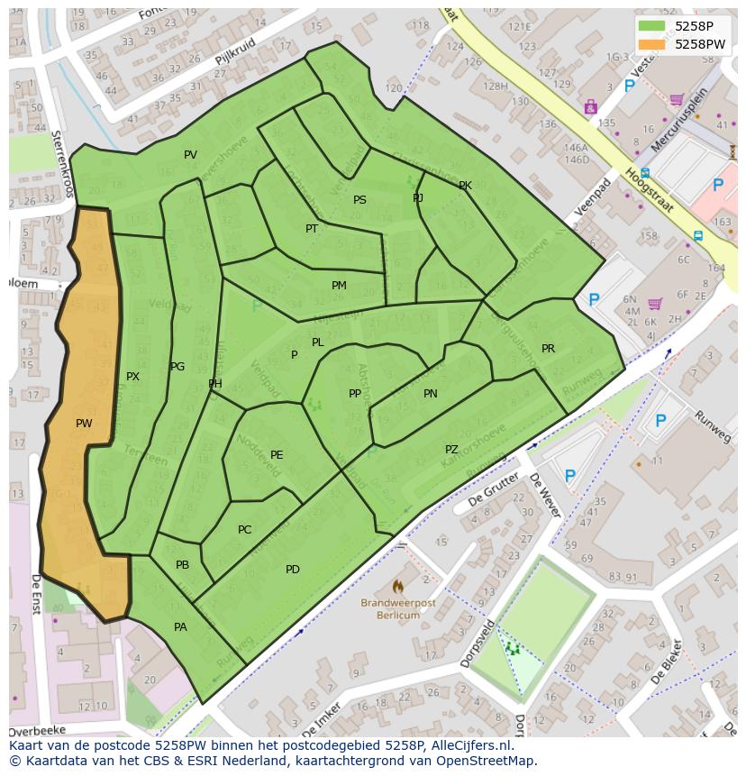 Afbeelding van het postcodegebied 5258 PW op de kaart.