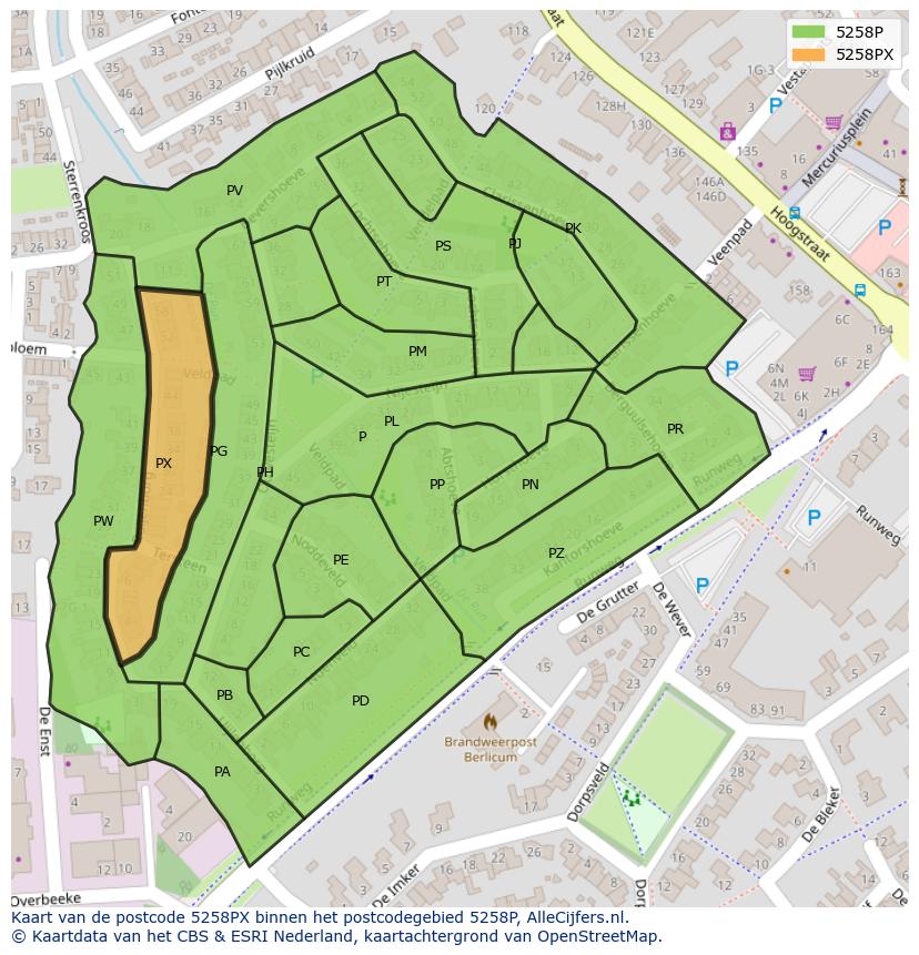 Afbeelding van het postcodegebied 5258 PX op de kaart.