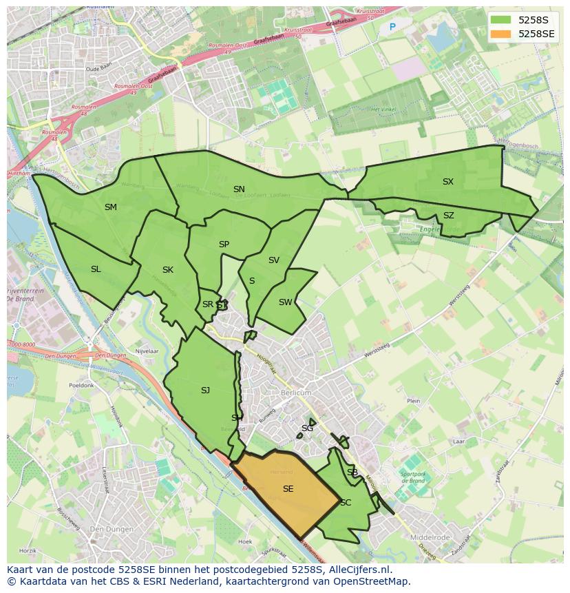 Afbeelding van het postcodegebied 5258 SE op de kaart.