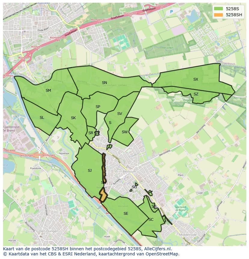 Afbeelding van het postcodegebied 5258 SH op de kaart.