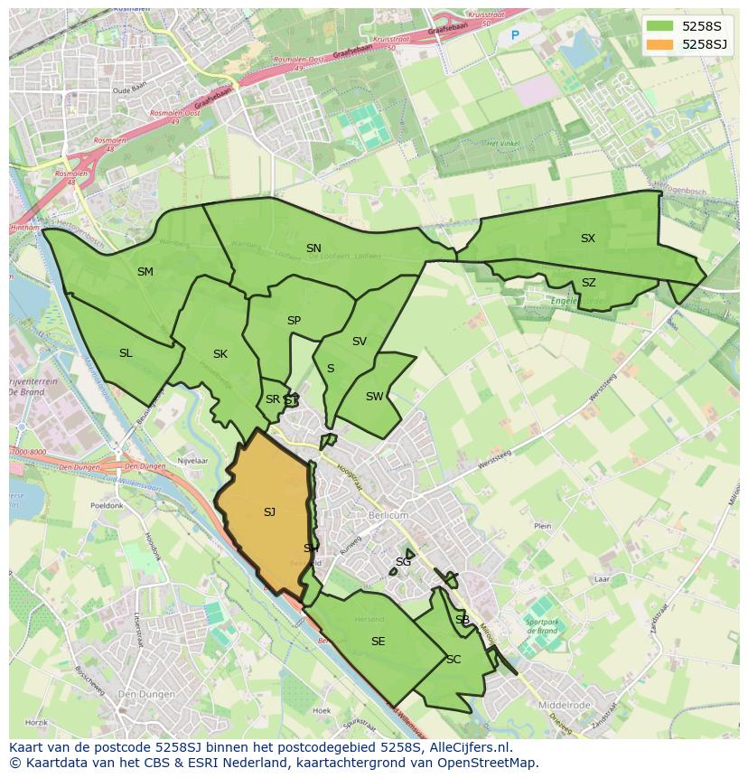 Afbeelding van het postcodegebied 5258 SJ op de kaart.