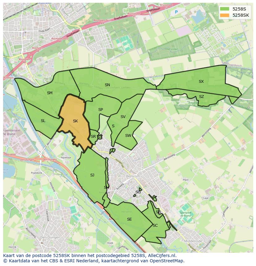 Afbeelding van het postcodegebied 5258 SK op de kaart.