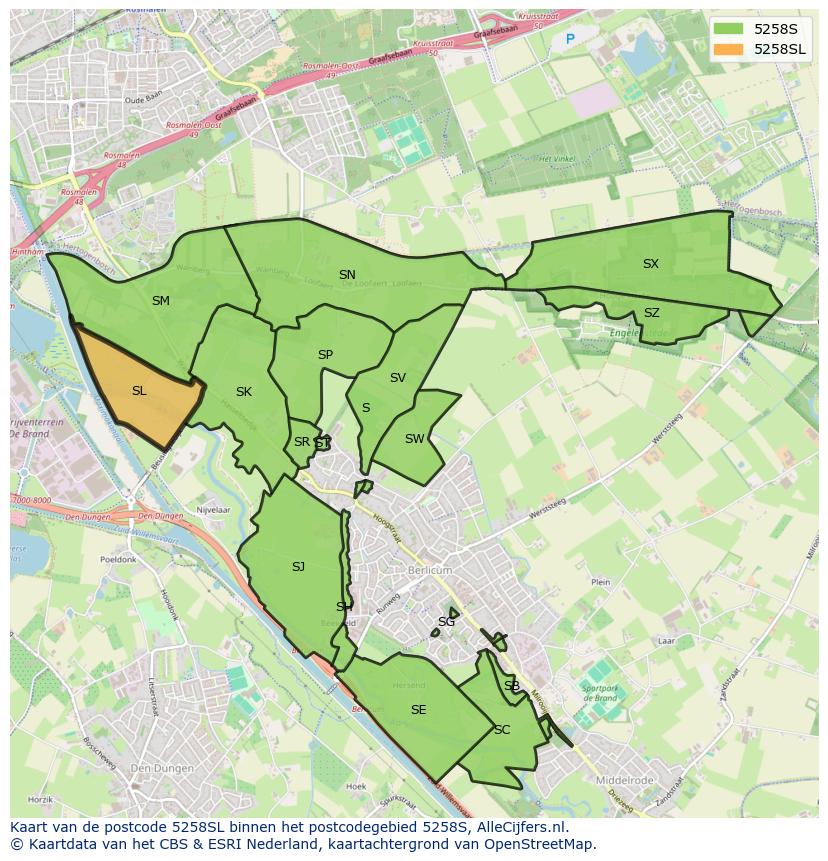 Afbeelding van het postcodegebied 5258 SL op de kaart.