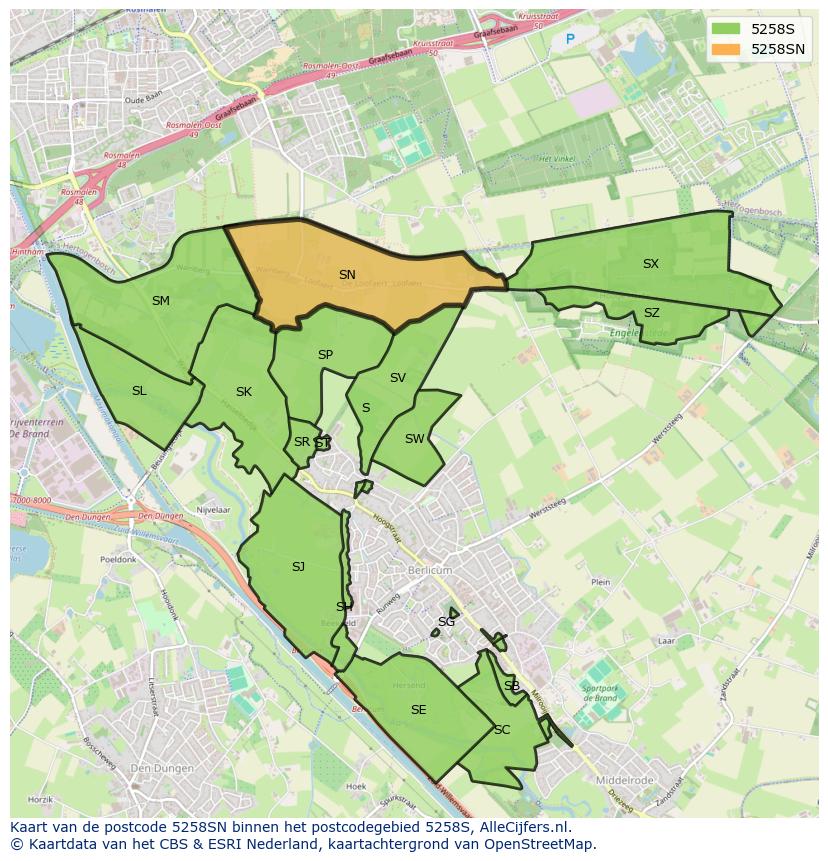 Afbeelding van het postcodegebied 5258 SN op de kaart.