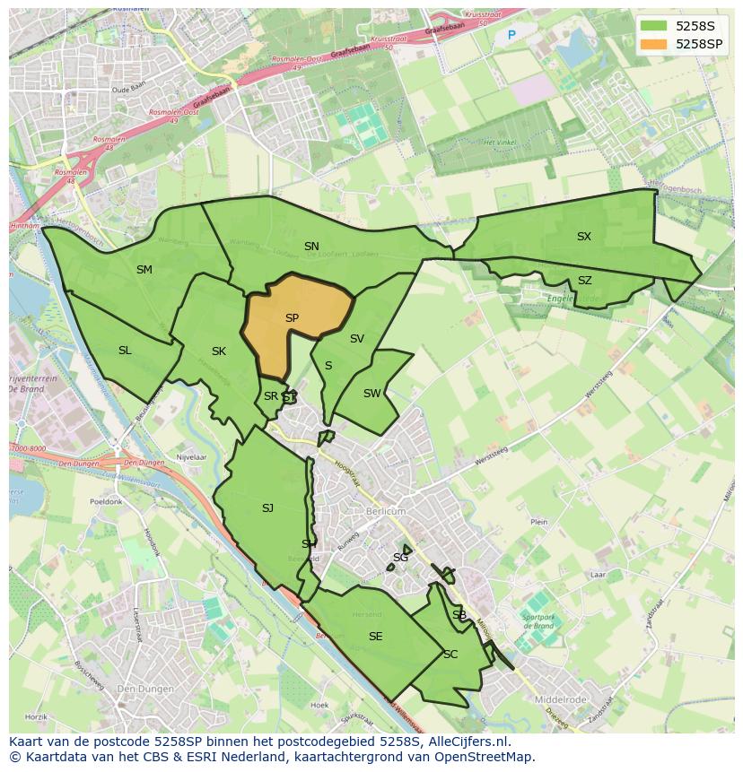 Afbeelding van het postcodegebied 5258 SP op de kaart.