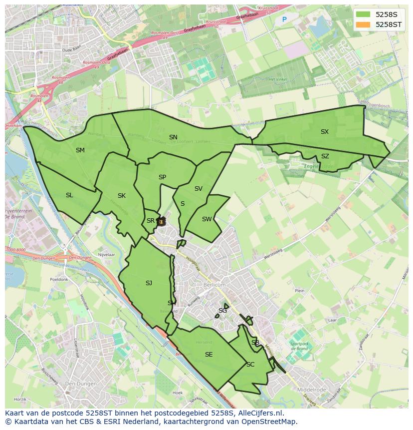 Afbeelding van het postcodegebied 5258 ST op de kaart.