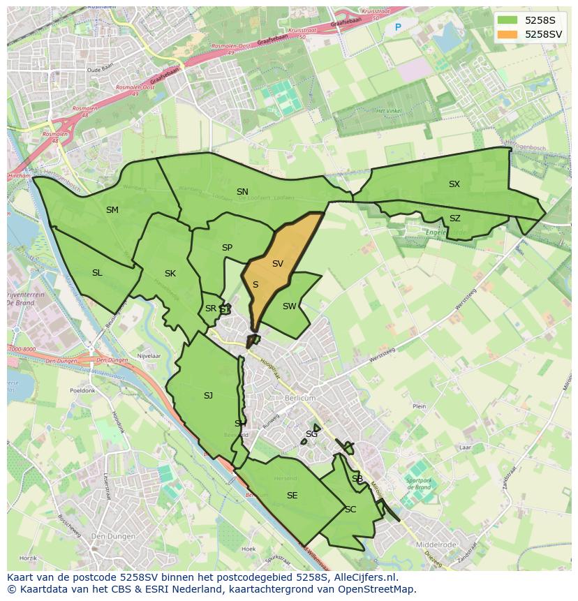 Afbeelding van het postcodegebied 5258 SV op de kaart.
