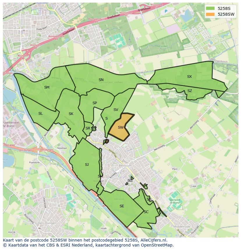 Afbeelding van het postcodegebied 5258 SW op de kaart.