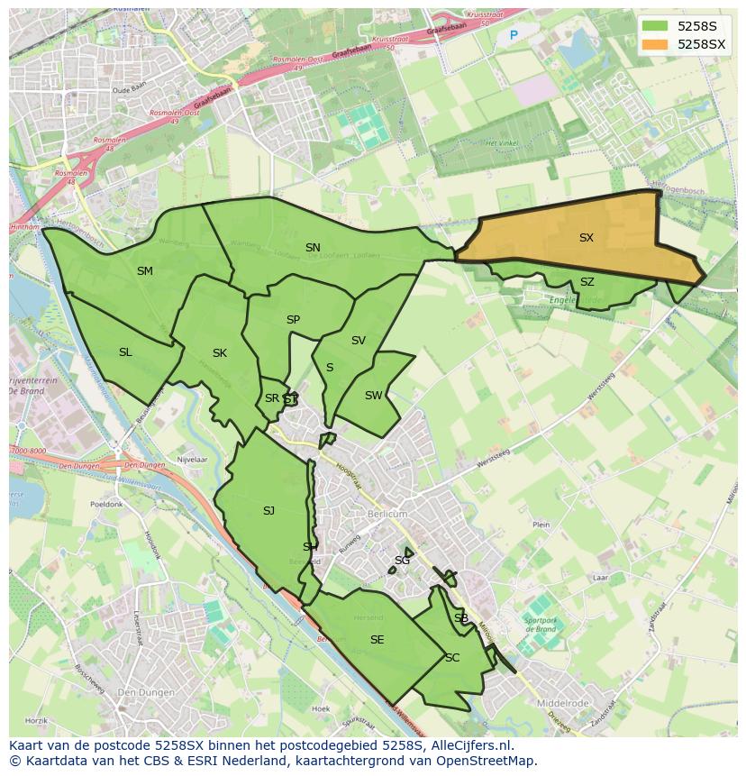 Afbeelding van het postcodegebied 5258 SX op de kaart.