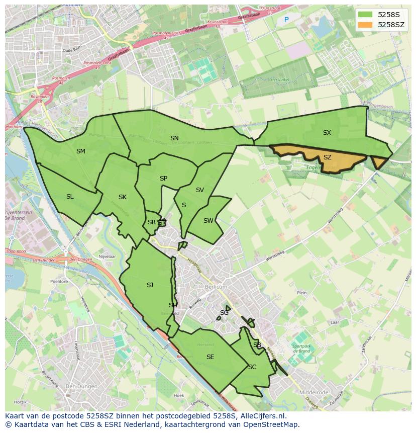 Afbeelding van het postcodegebied 5258 SZ op de kaart.