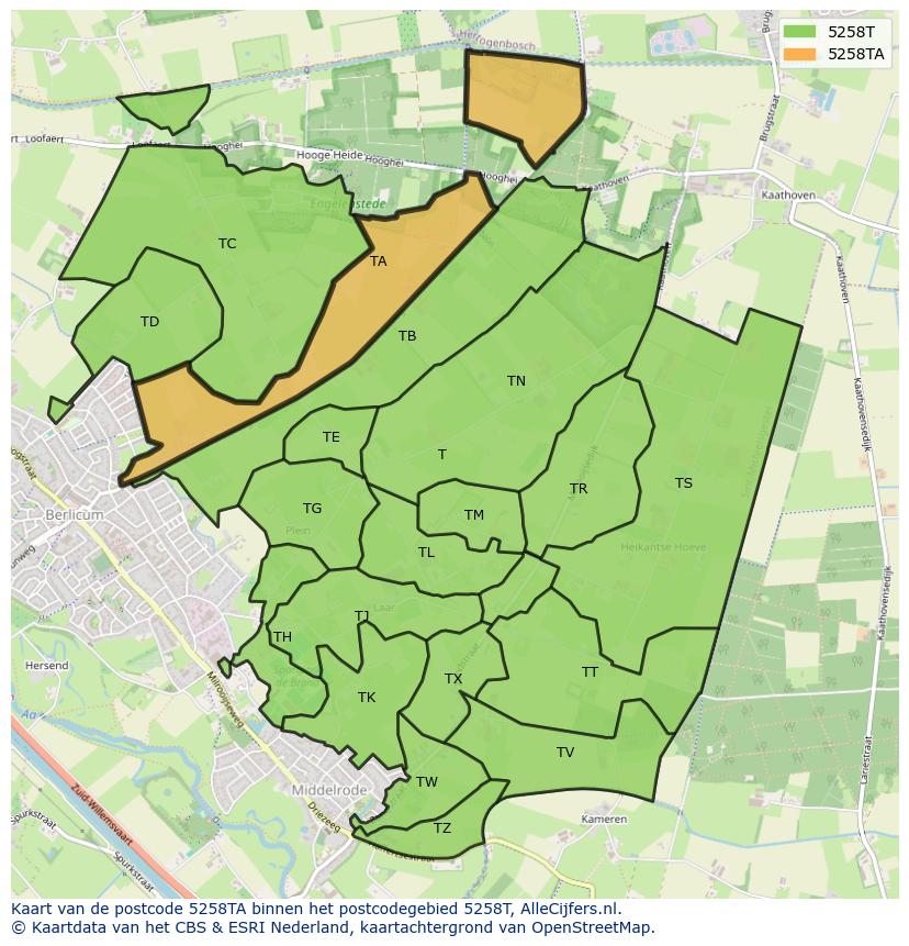 Afbeelding van het postcodegebied 5258 TA op de kaart.