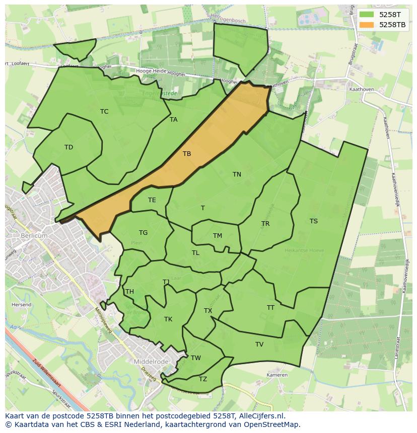 Afbeelding van het postcodegebied 5258 TB op de kaart.
