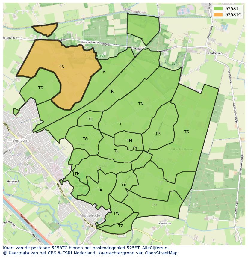 Afbeelding van het postcodegebied 5258 TC op de kaart.