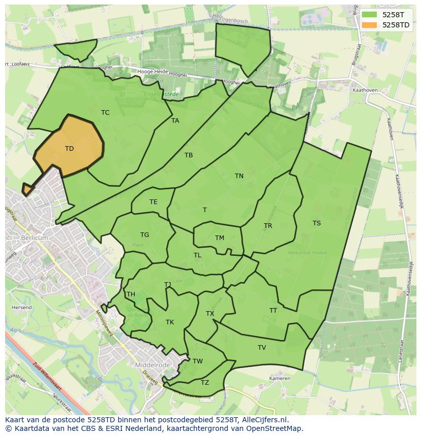 Afbeelding van het postcodegebied 5258 TD op de kaart.