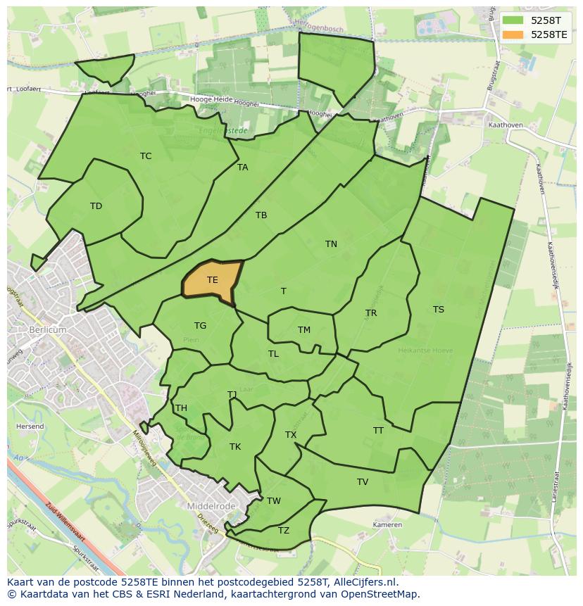 Afbeelding van het postcodegebied 5258 TE op de kaart.