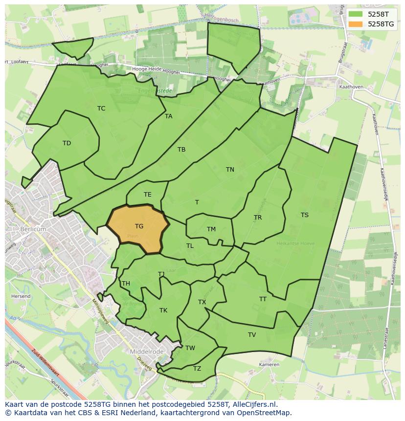 Afbeelding van het postcodegebied 5258 TG op de kaart.