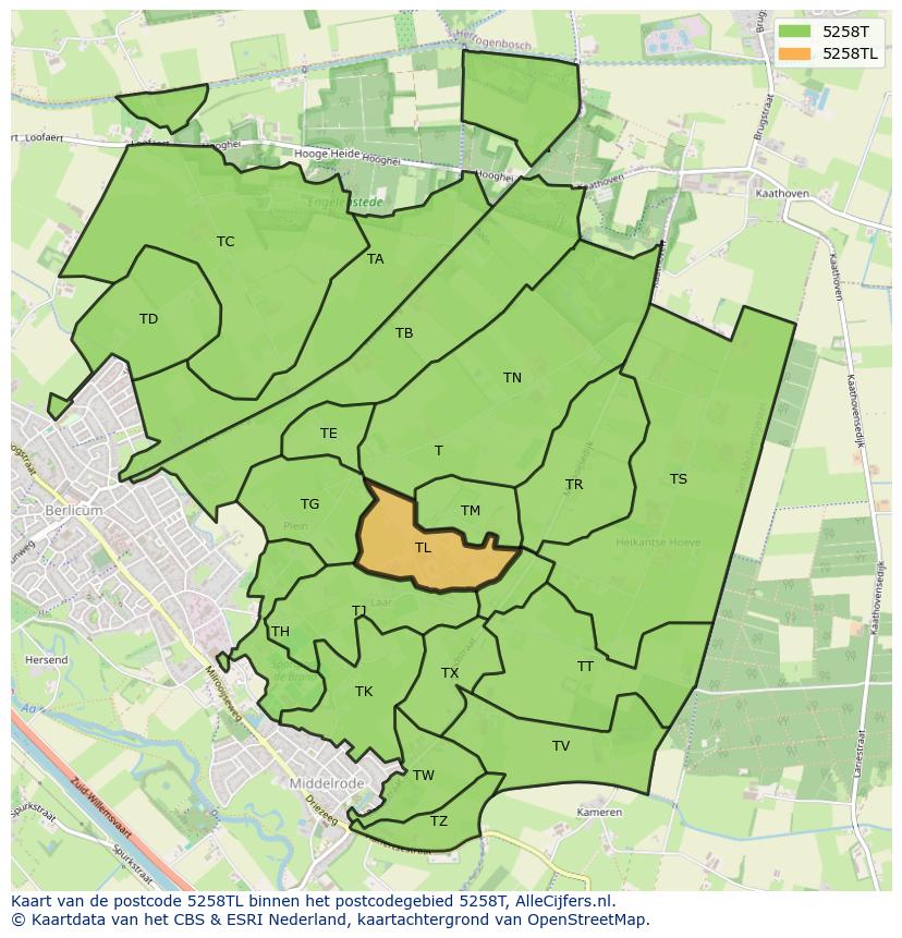 Afbeelding van het postcodegebied 5258 TL op de kaart.