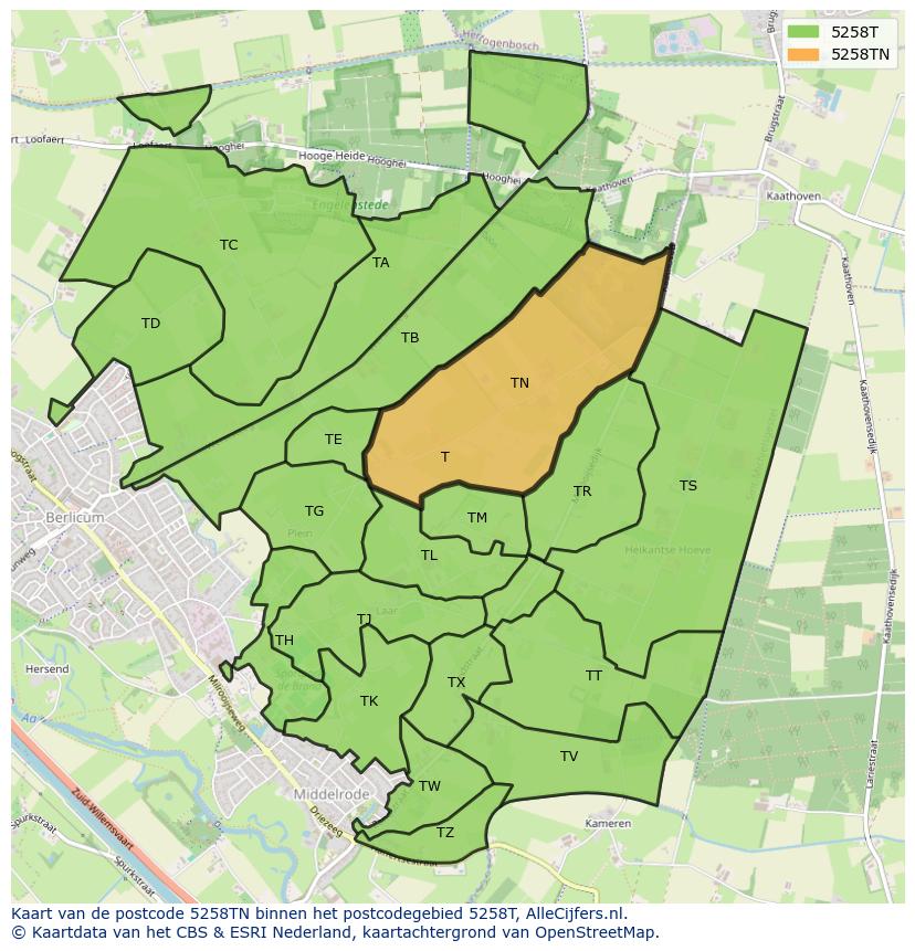 Afbeelding van het postcodegebied 5258 TN op de kaart.