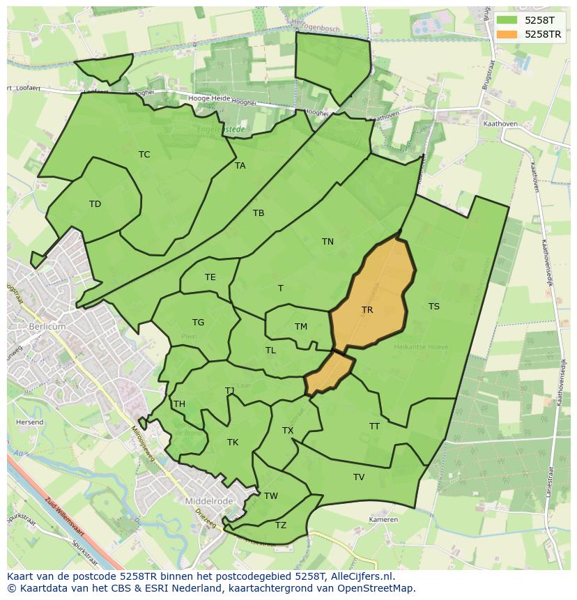 Afbeelding van het postcodegebied 5258 TR op de kaart.