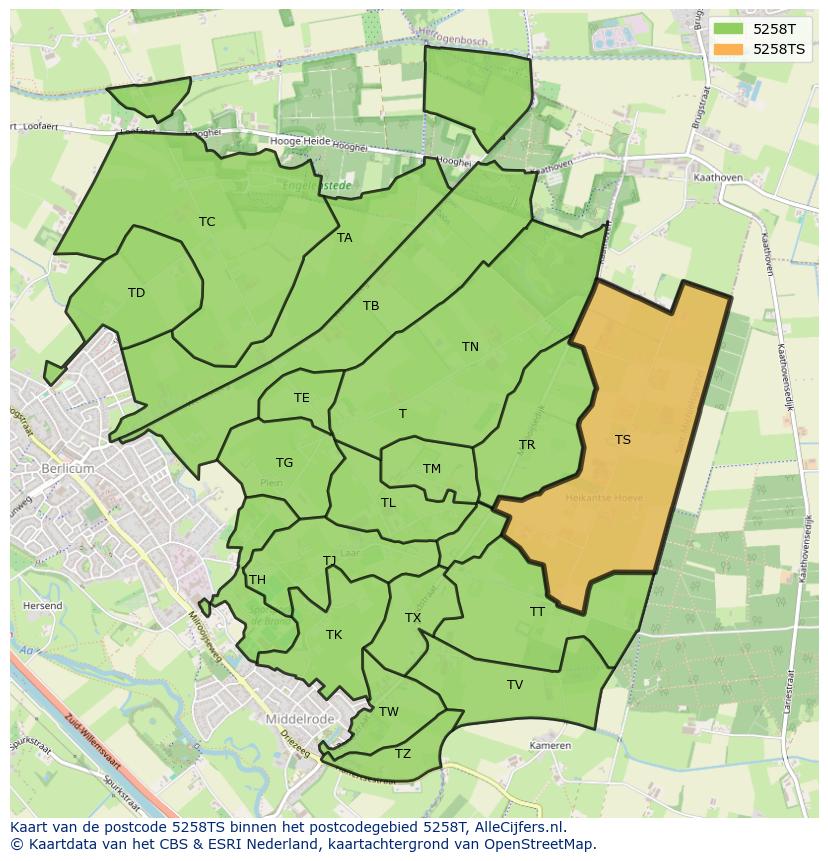 Afbeelding van het postcodegebied 5258 TS op de kaart.