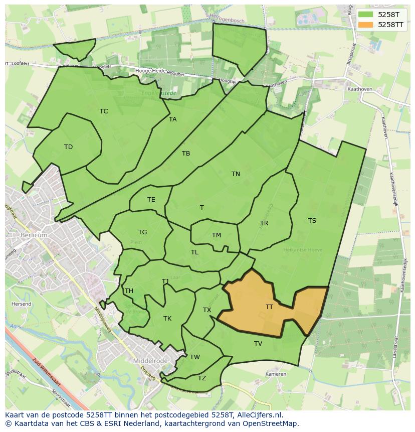Afbeelding van het postcodegebied 5258 TT op de kaart.
