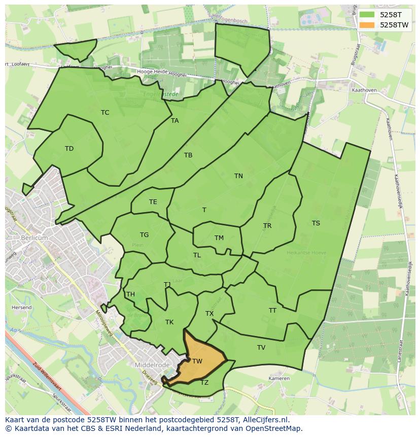 Afbeelding van het postcodegebied 5258 TW op de kaart.
