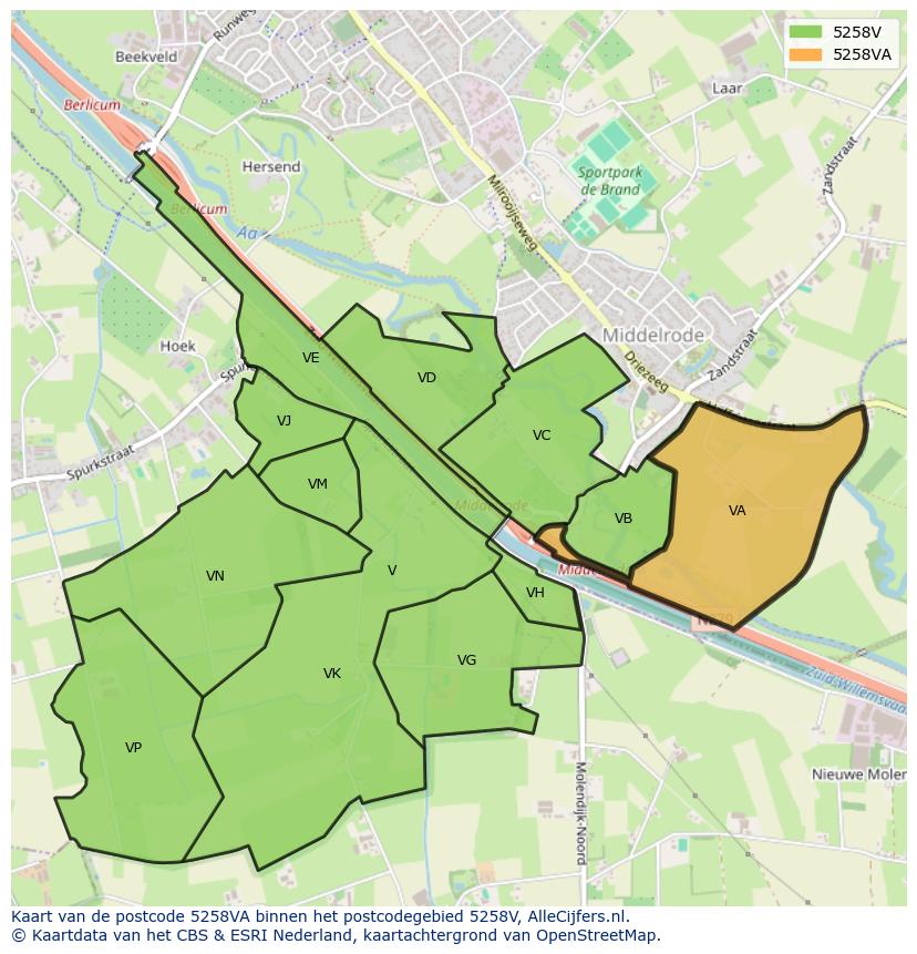 Afbeelding van het postcodegebied 5258 VA op de kaart.
