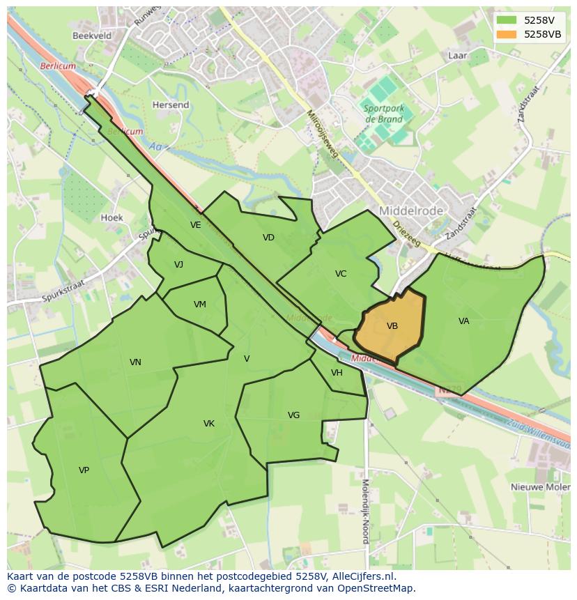 Afbeelding van het postcodegebied 5258 VB op de kaart.