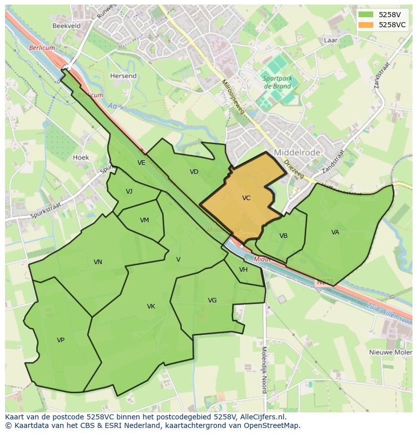 Afbeelding van het postcodegebied 5258 VC op de kaart.