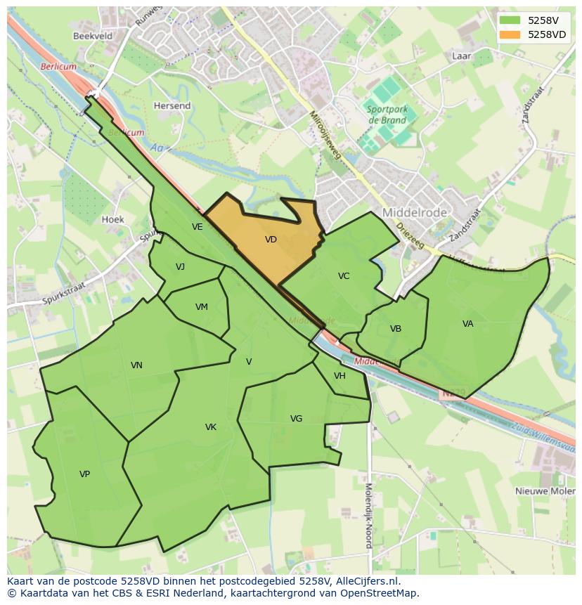 Afbeelding van het postcodegebied 5258 VD op de kaart.