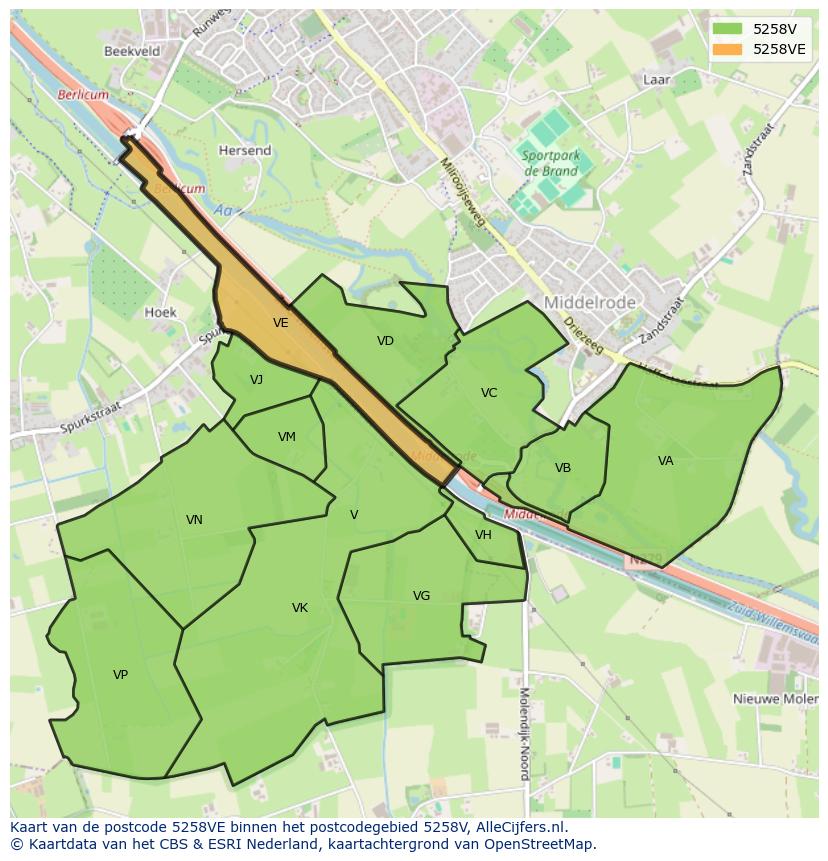 Afbeelding van het postcodegebied 5258 VE op de kaart.