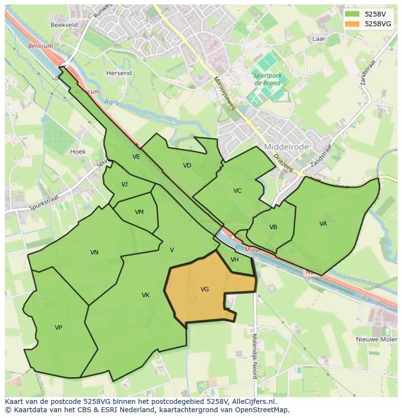 Afbeelding van het postcodegebied 5258 VG op de kaart.