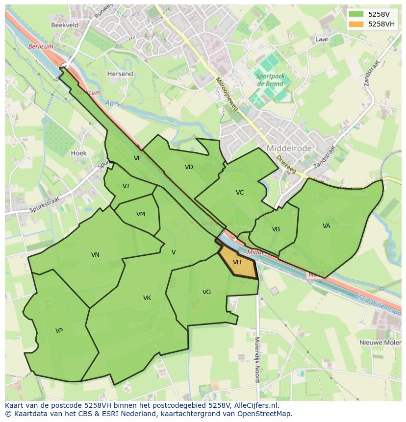 Afbeelding van het postcodegebied 5258 VH op de kaart.