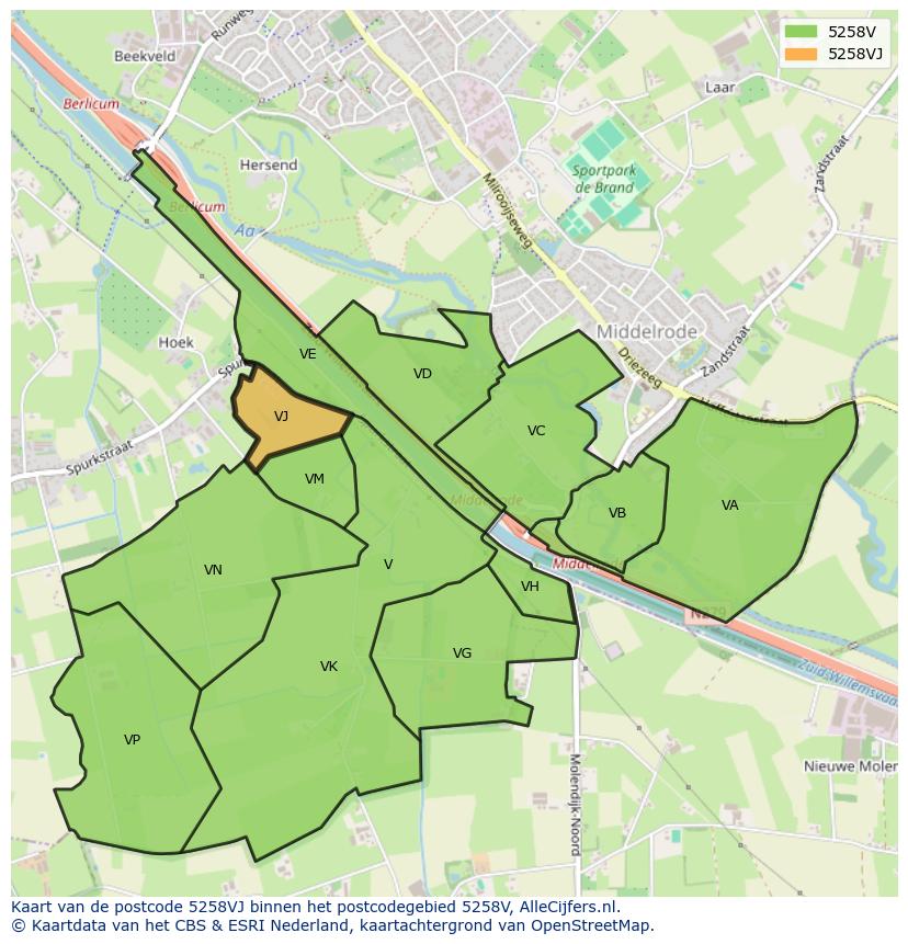 Afbeelding van het postcodegebied 5258 VJ op de kaart.