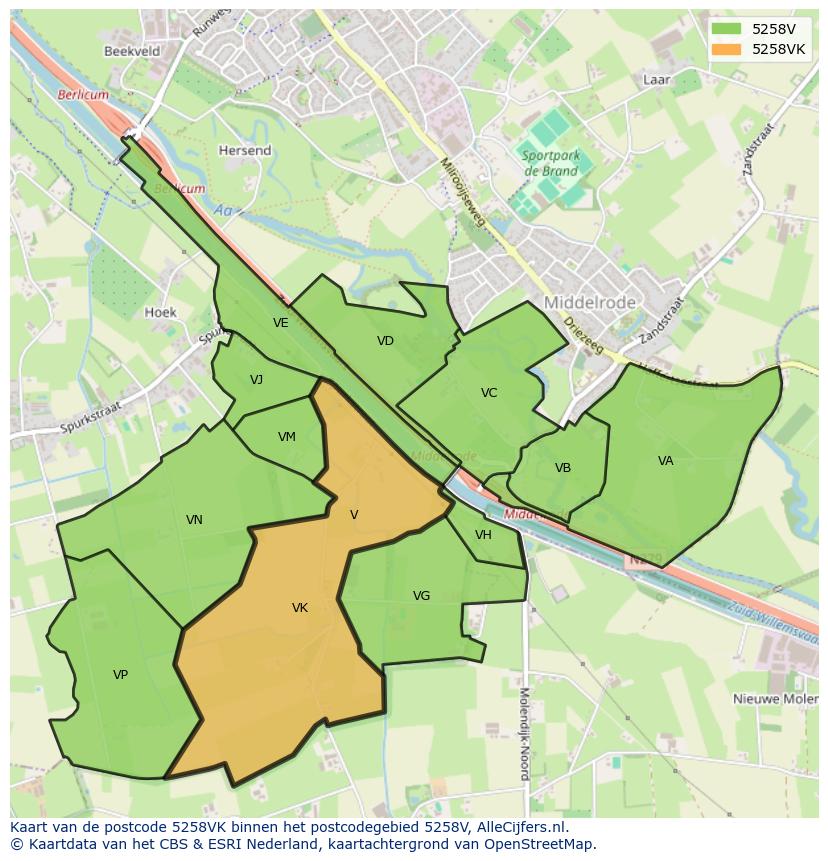 Afbeelding van het postcodegebied 5258 VK op de kaart.